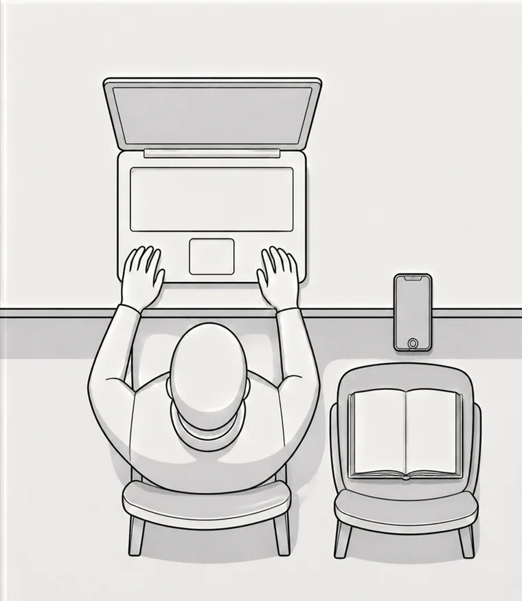 Overhead diagram: a person at a laptop, an iPhone on a stand acting as the camera, pointed at an open book propped on a chair.